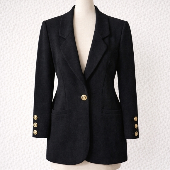 St. John Jackets & Blazers - ST. JOHN BASICS Santana Knit Blazer Black Gold Crest Buttons Made In USA Size 12